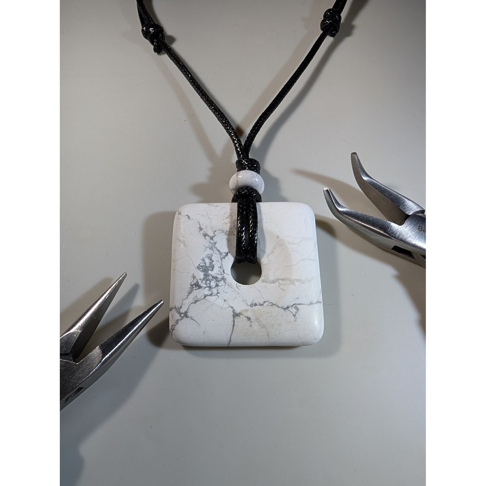 White Howlite Stone Square Pendant Necklace Adjustable Black Cord Marbled Boho